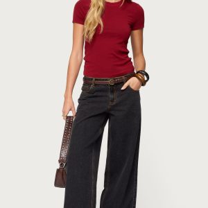 Contrast Stitch Low Rise Wide Leg Jeans
