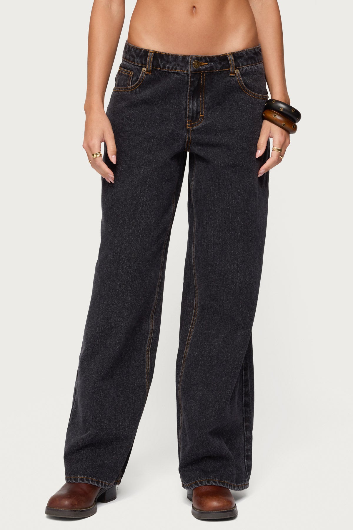 Contrast Stitch Low Rise Wide Leg Jeans - Image 2
