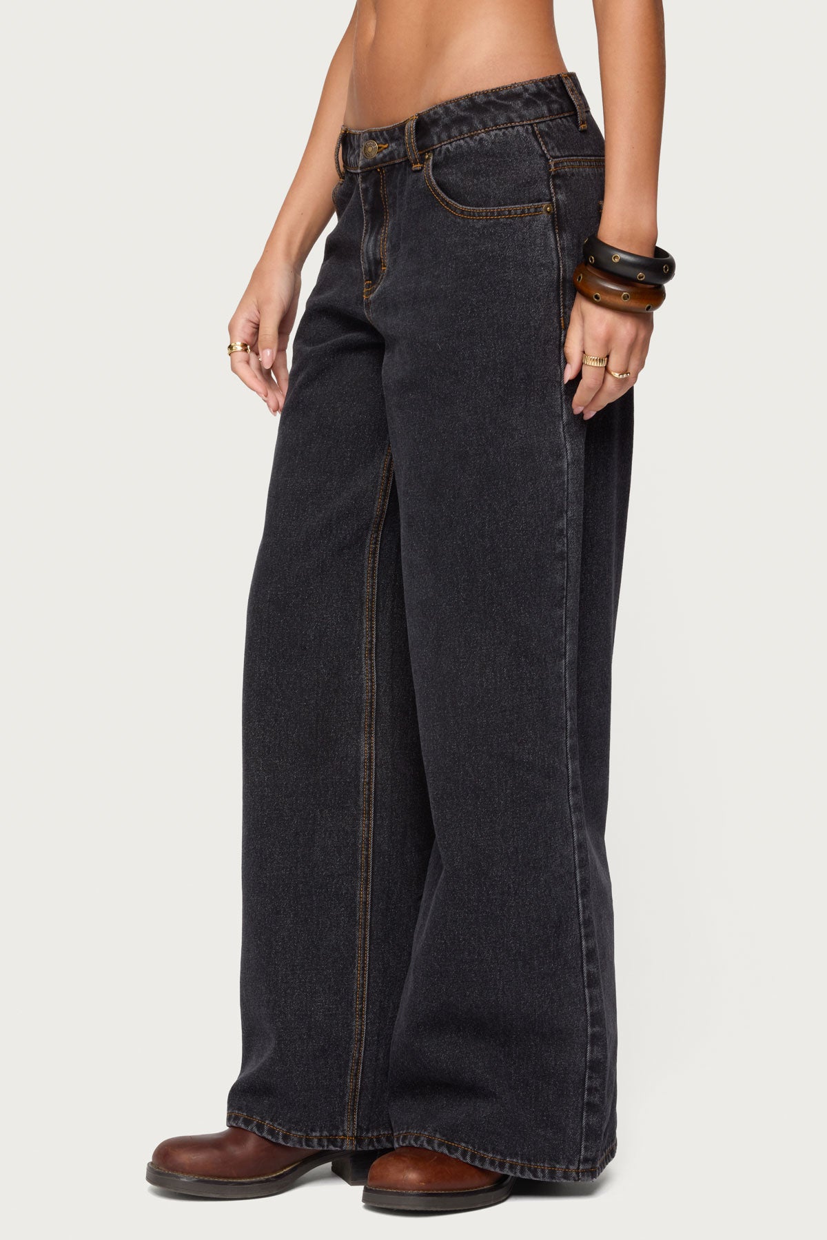 Contrast Stitch Low Rise Wide Leg Jeans - Image 4