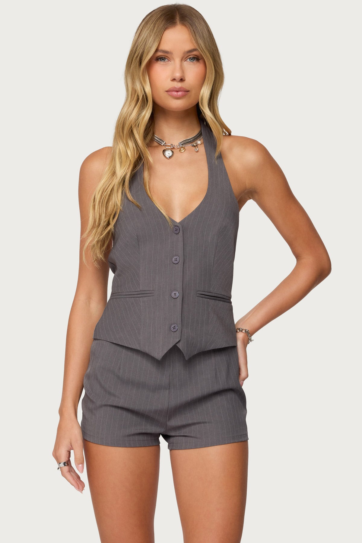 Riya Pinstripe Button Up Halter Top - Image 2