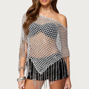 Evette Fringe Open Knit Metallic Poncho