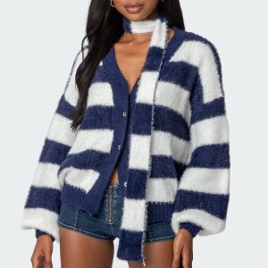 Striped Two Piece Knit Scarf Cardigan