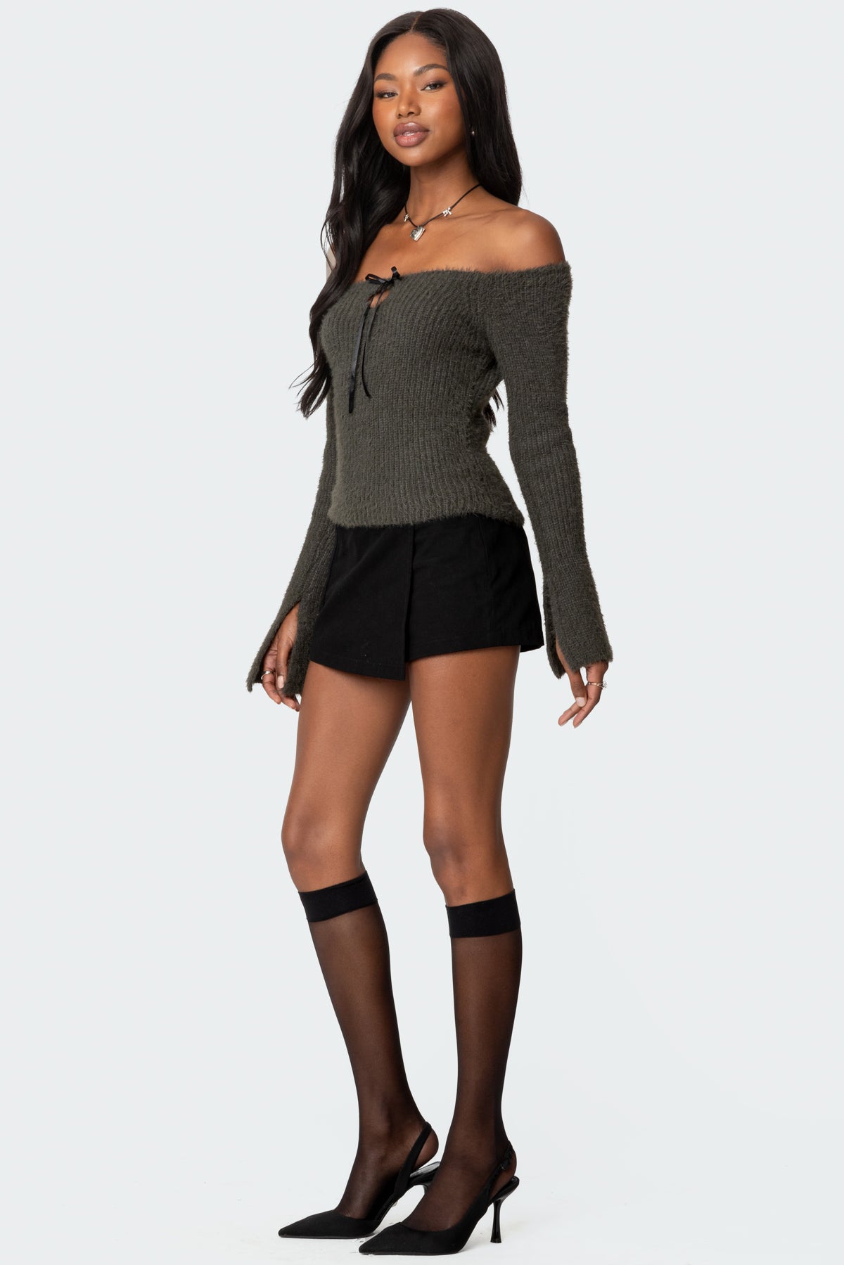 Keyhole Off Shoulder Ribbed Knit Top - Image 2