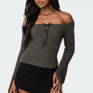 Keyhole Off Shoulder Ribbed Knit Top
