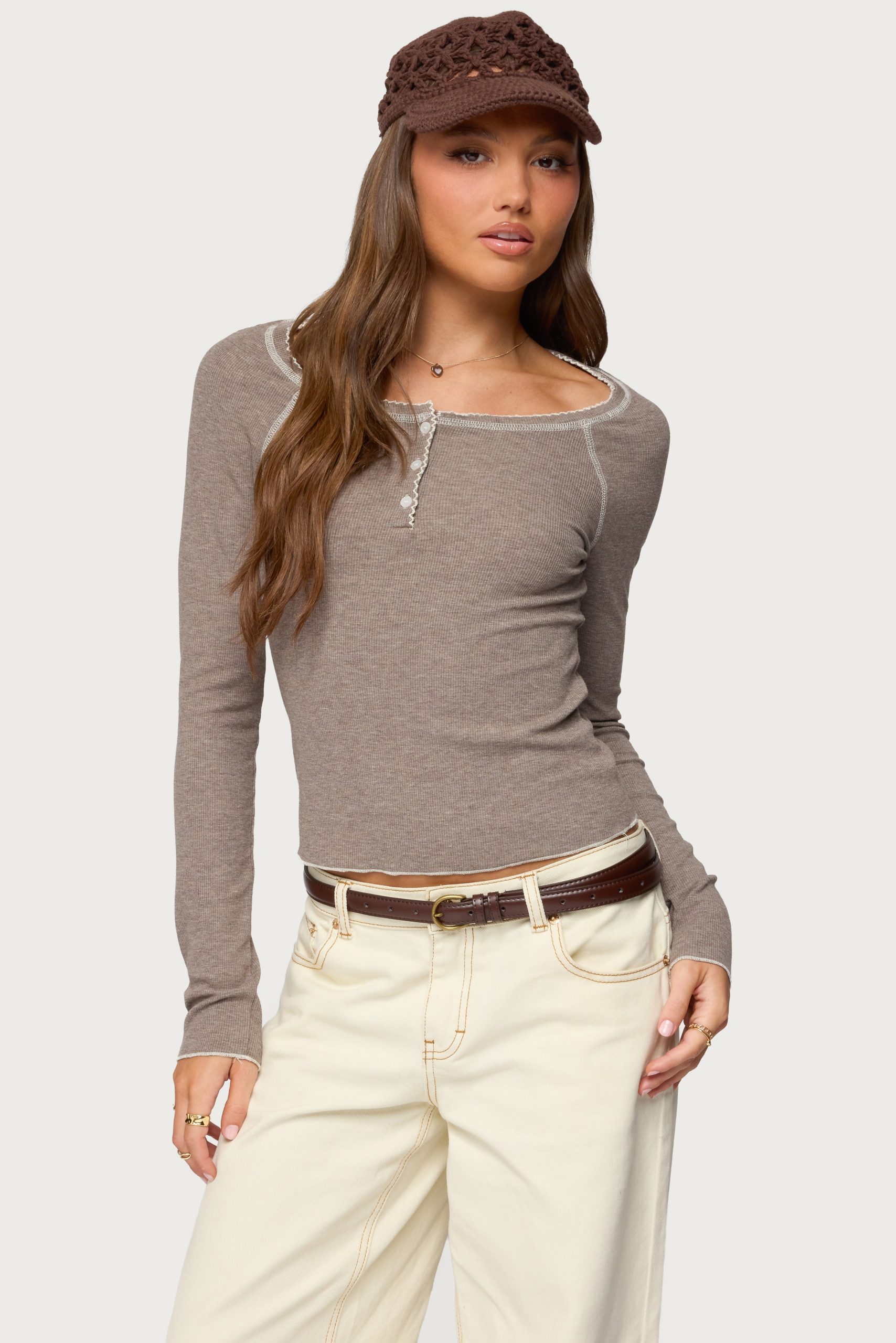 Ensley Contrast Stitch Henley Top - Image 2