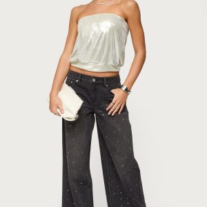 Rhinestone Low Rise Washed Jeans