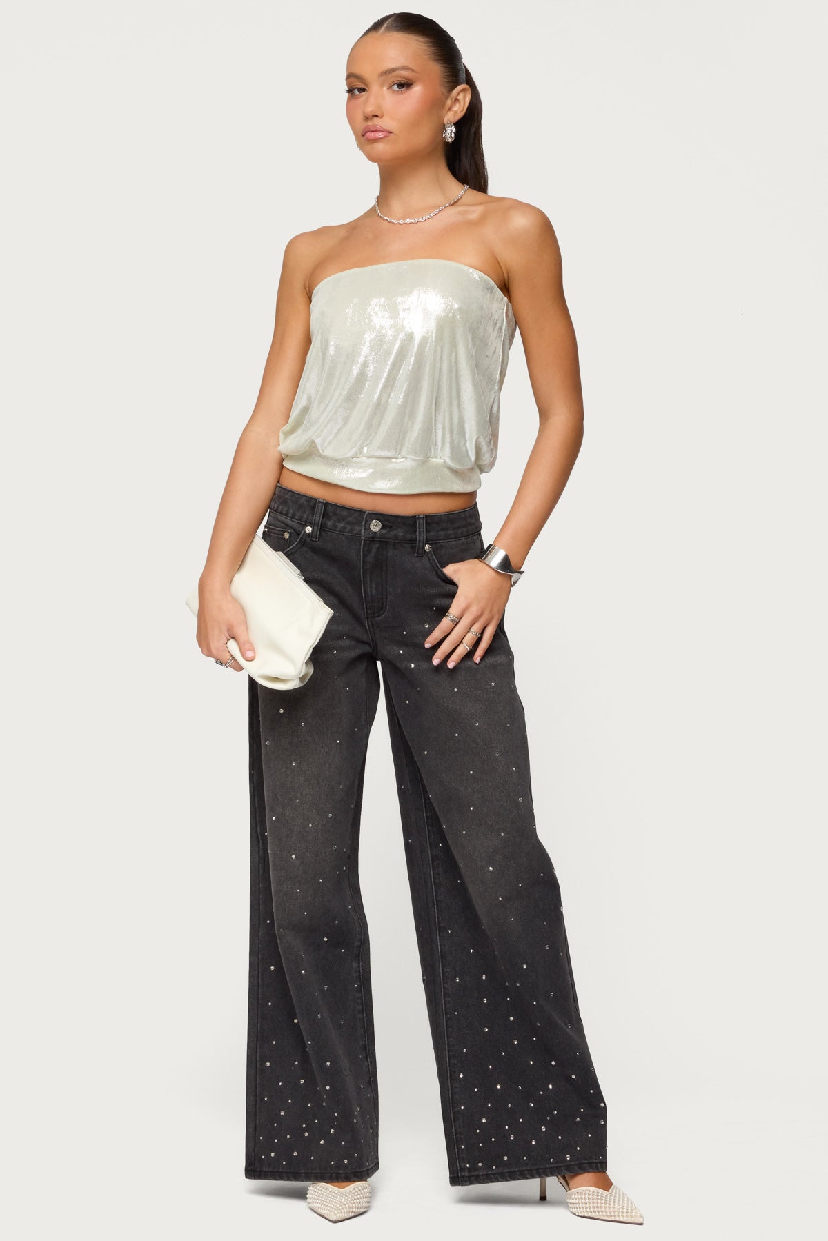 Rhinestone Low Rise Washed Jeans
