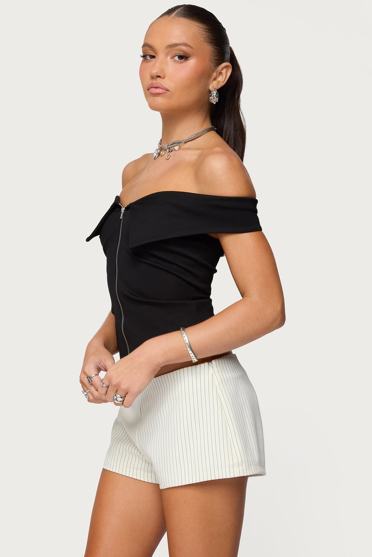Collared Off Shoulder Zip?Up?Top - Image 3