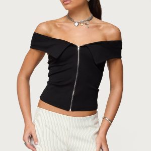 Collared Off Shoulder Zip?Up?Top