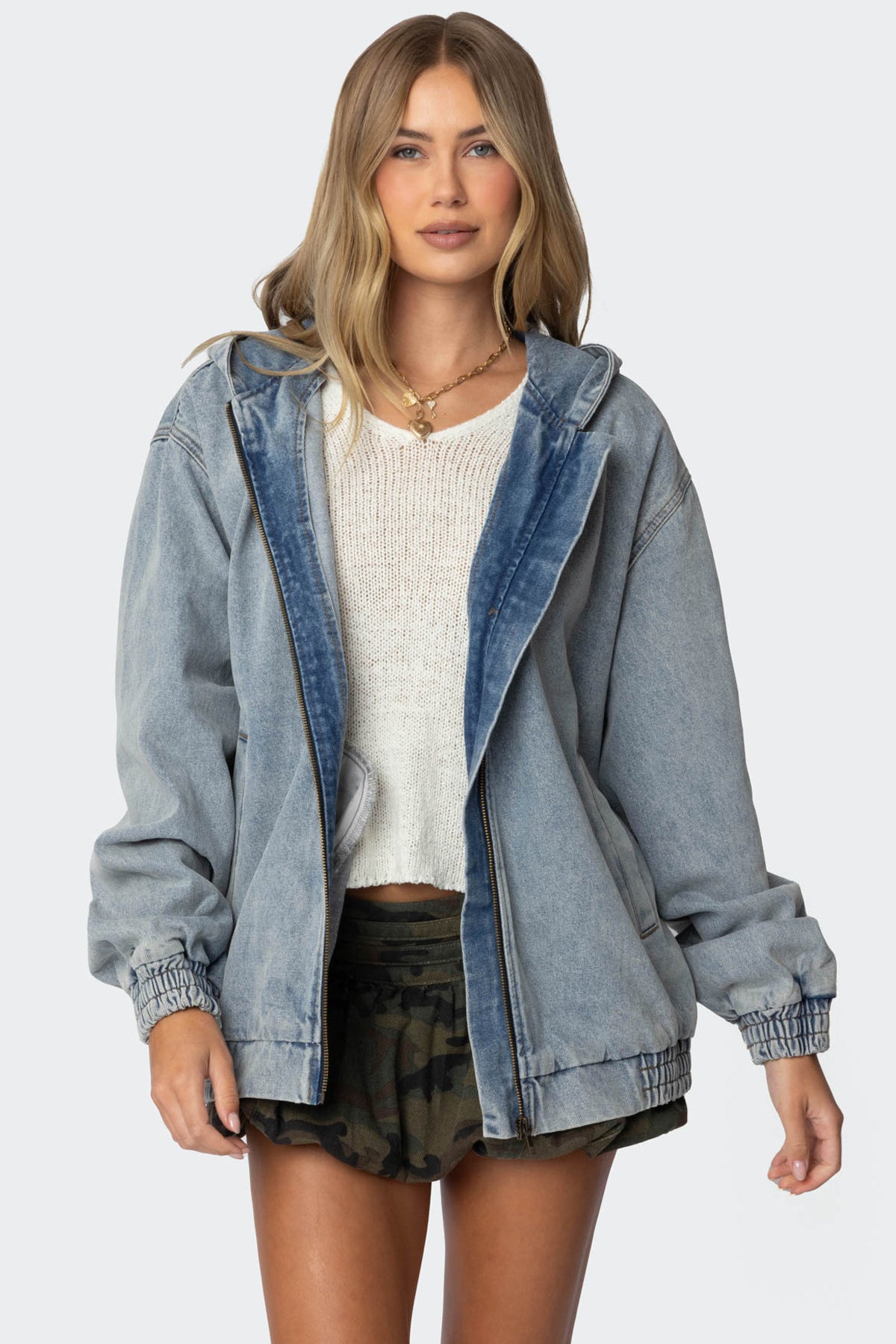 Hooded Vintage Washed Denim Bomber Jacket - Image 2