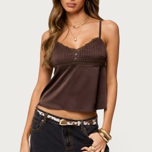 Blanca Satin Effect Lace Trim Tank Top