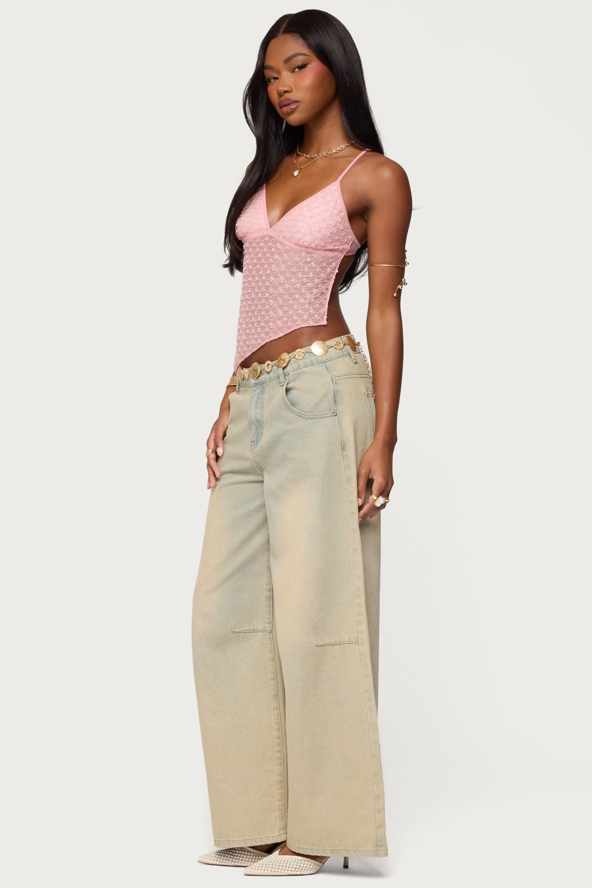 Beaded Mesh Asymmetric Backless Top - Image 2