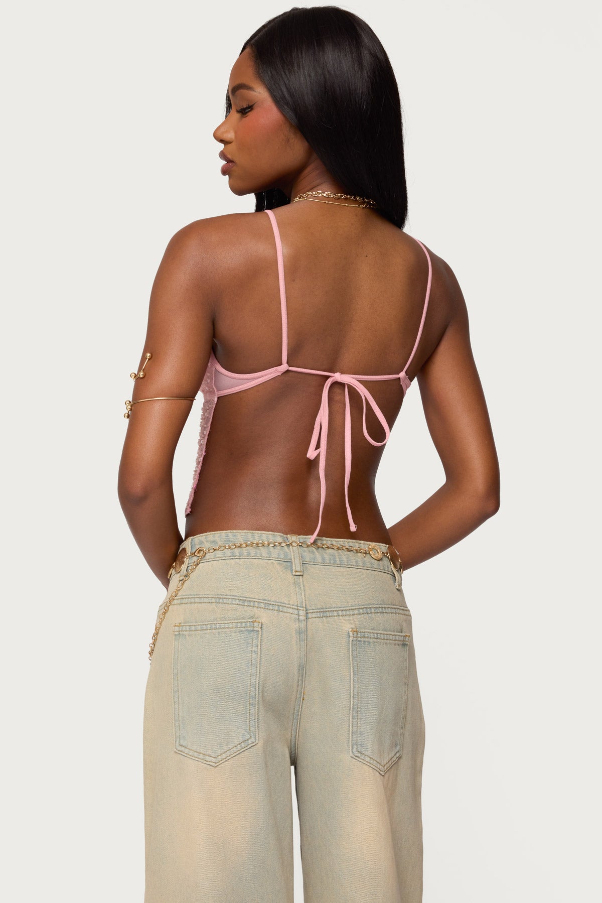 Beaded Mesh Asymmetric Backless Top - Image 4