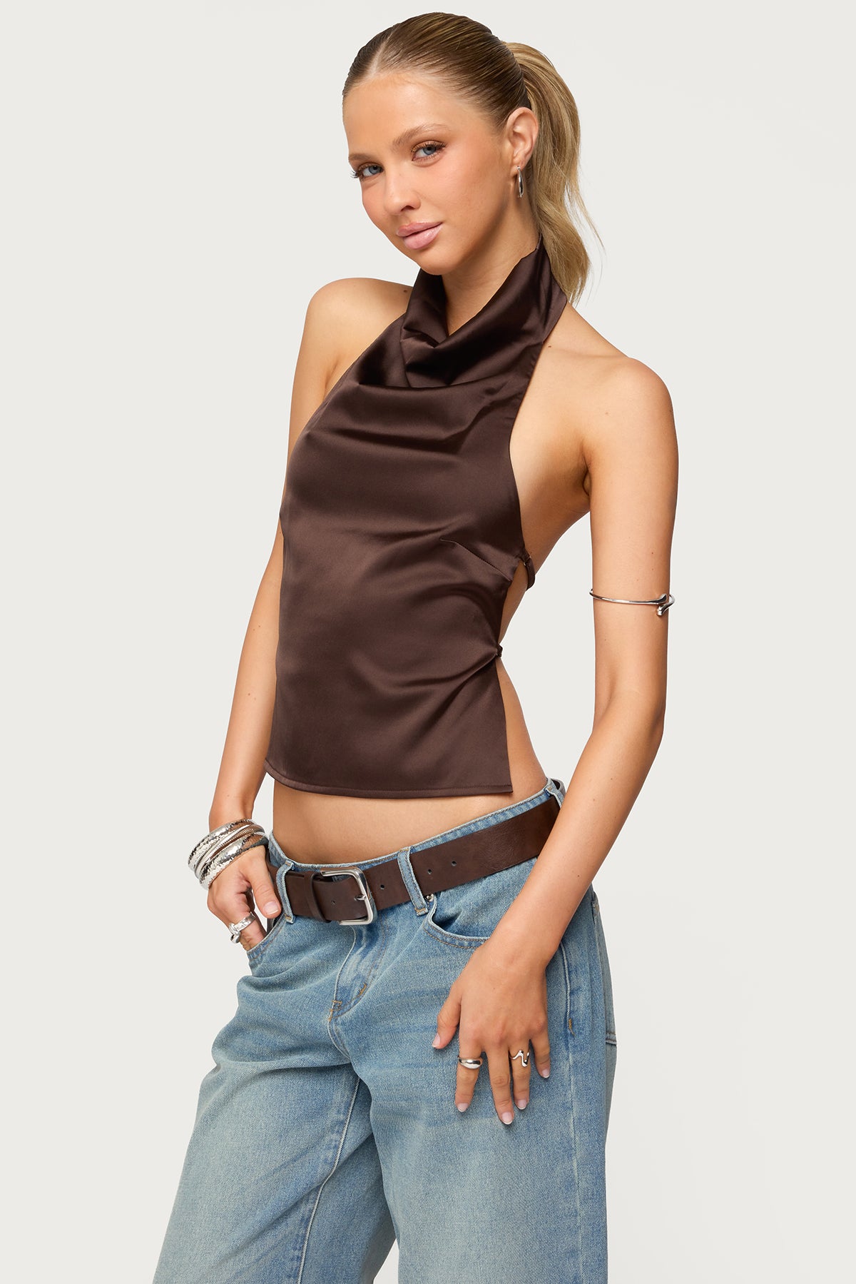 Satin Effect Backless Cowl Neck Top - Image 3