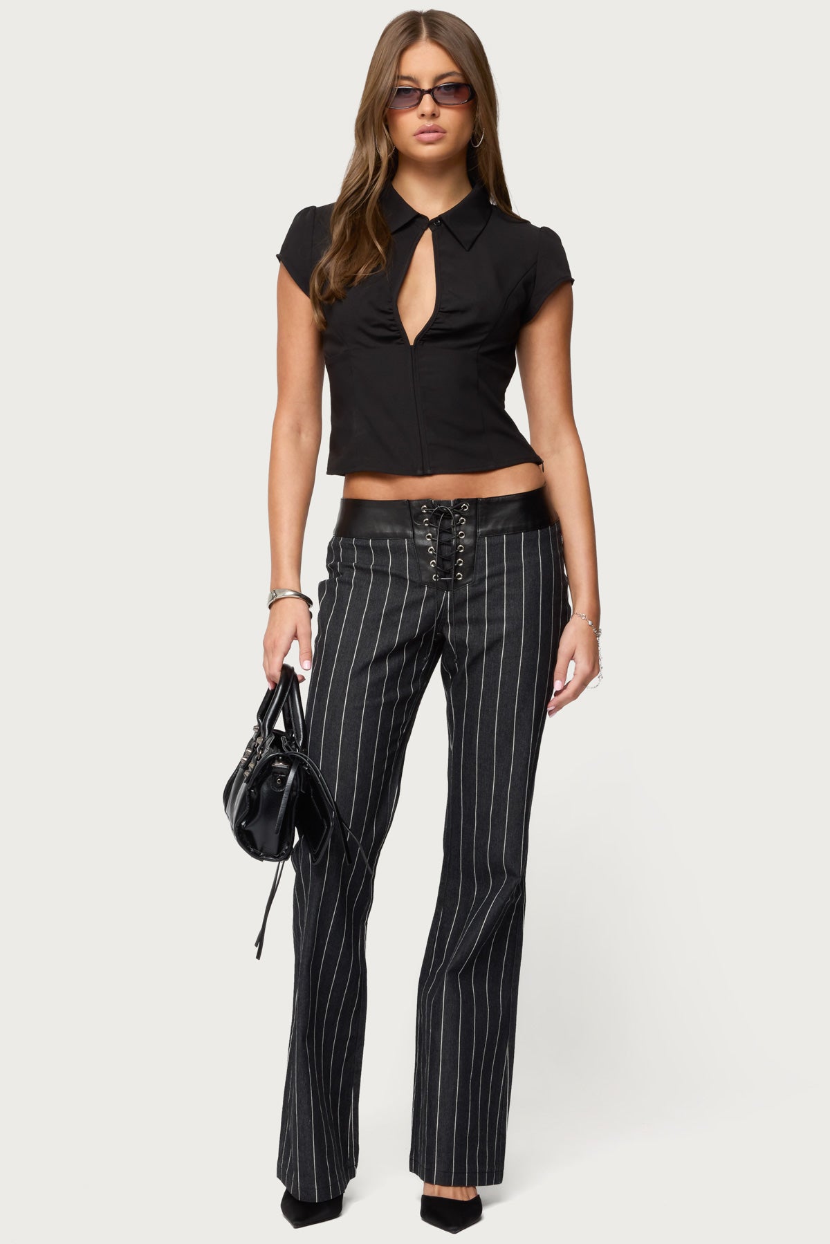 Pinstripe & Faux Leather Low Rise Bootcut Jeans