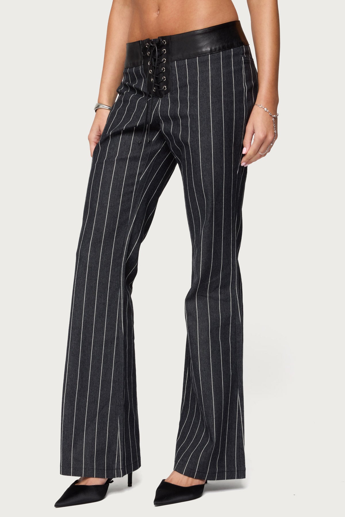 Pinstripe & Faux Leather Low Rise Bootcut Jeans - Image 4