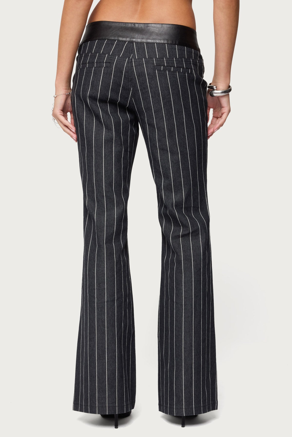 Pinstripe & Faux Leather Low Rise Bootcut Jeans - Image 5