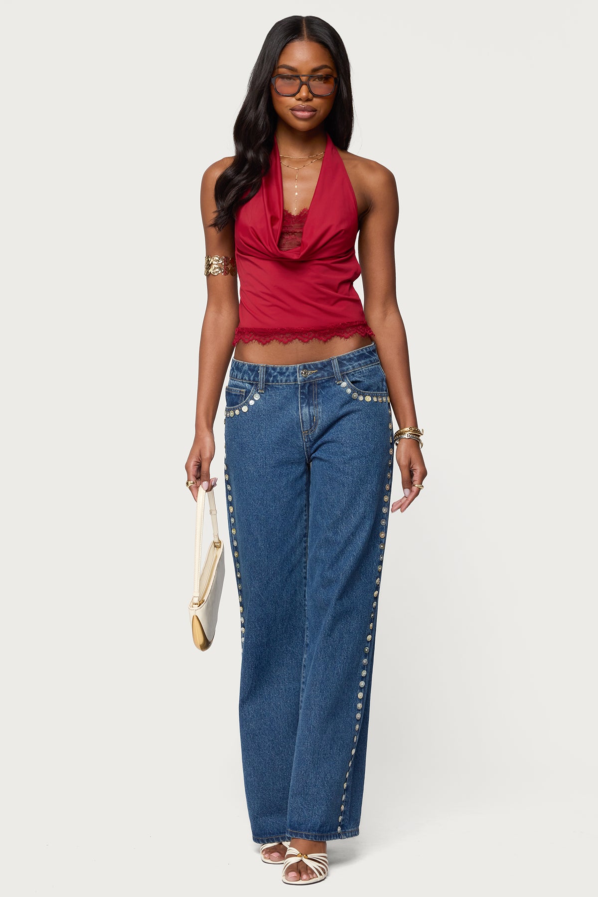 Layered Lacey Cowl Neck Halter Top - Image 2