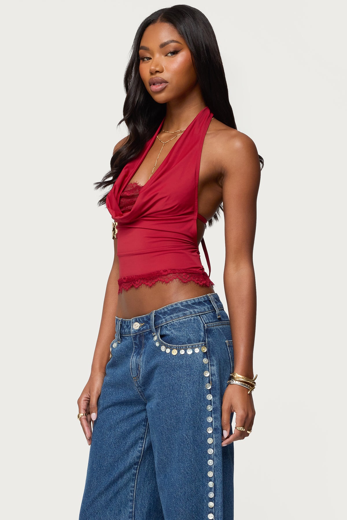 Layered Lacey Cowl Neck Halter Top - Image 3