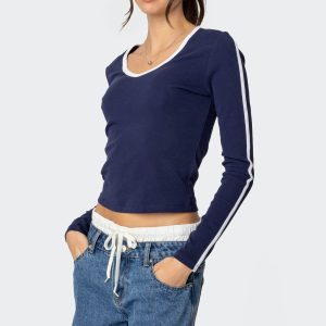 Contrast V Neck Long Sleeve T Shirt