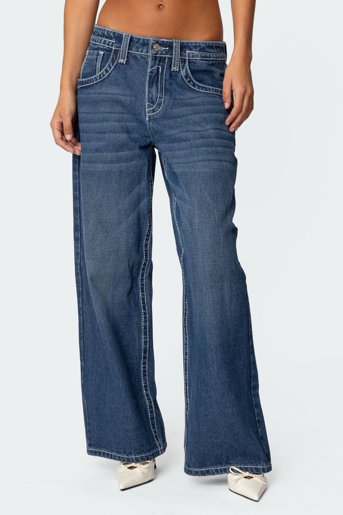 Contrast Stitch Low Rise Boyfriend Jeans - Image 2