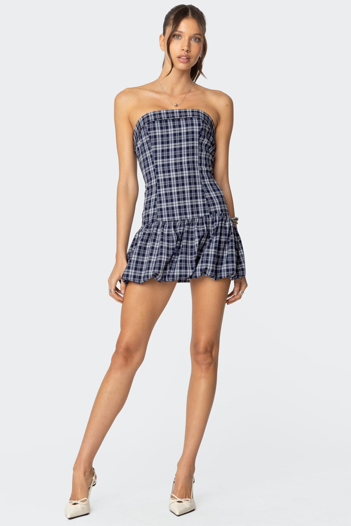 Plaid Strapless Bubble Mini Dress - Image 3