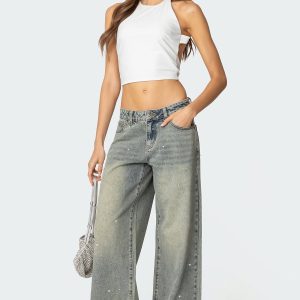Rhinestone Low Rise Washed Jeans