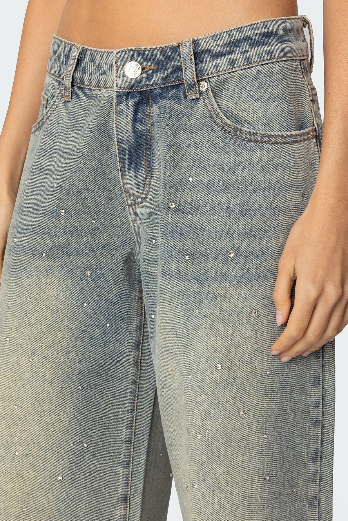 Rhinestone Low Rise Washed Jeans - Image 3