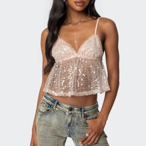 Sheer Sequin Babydoll Tank Top