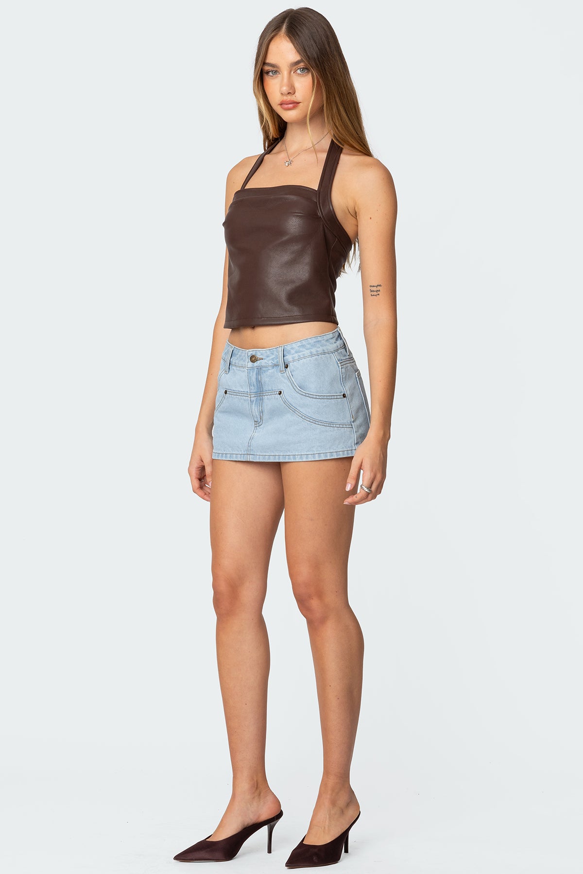 Draped Faux Leather Halter Top - Image 4