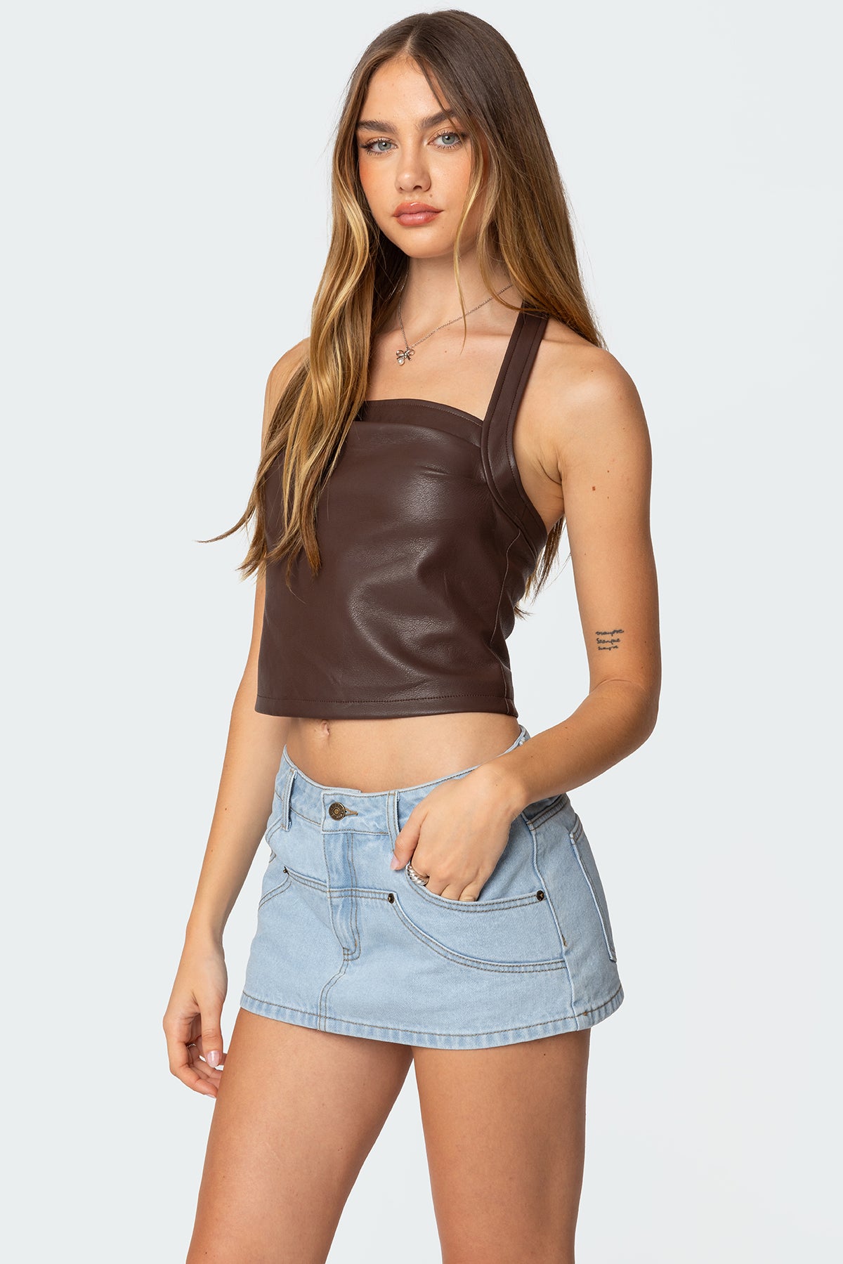 Draped Faux Leather Halter Top - Image 3