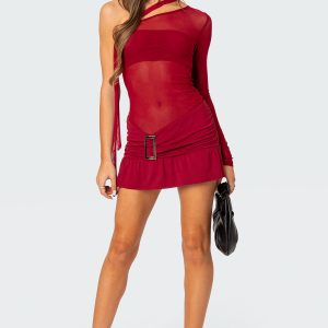 One Shoulder Sheer Mesh Mini Dress