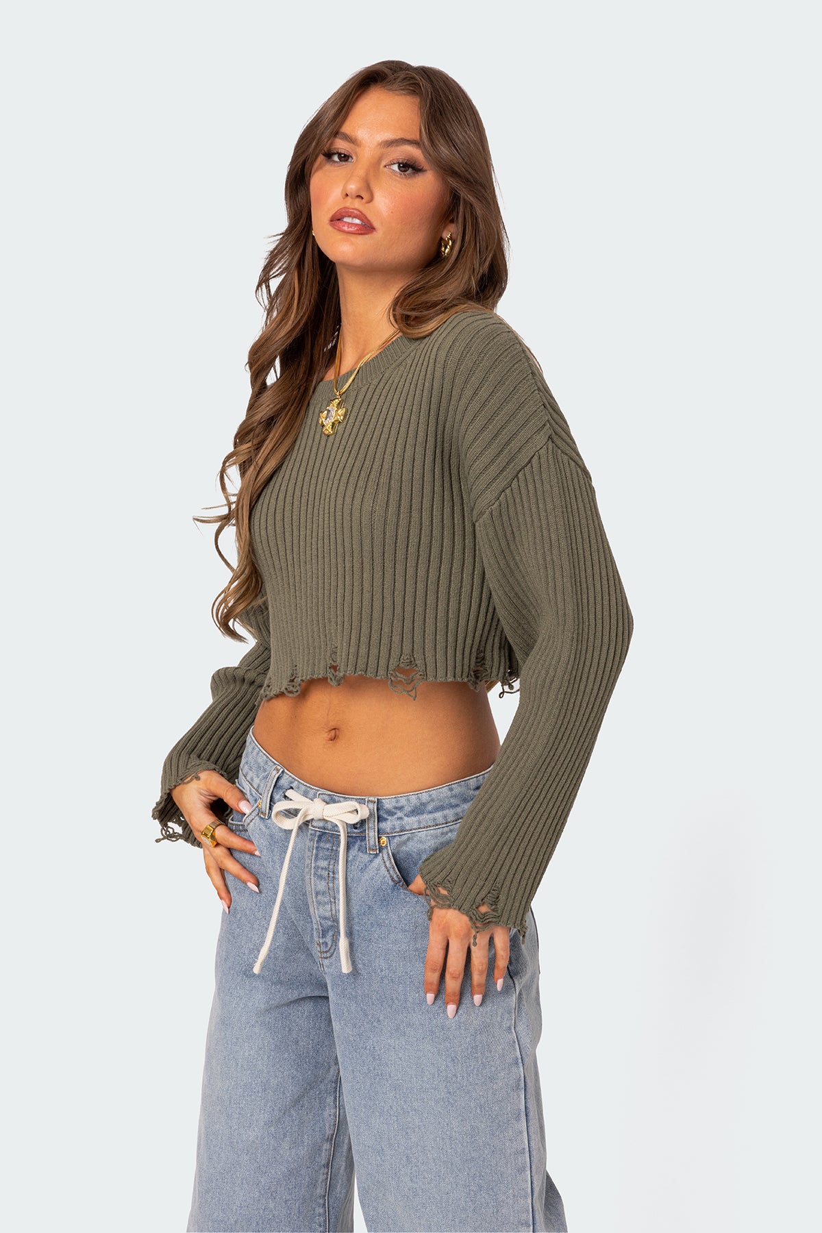 Distressed Hem Oversized Cropped Sweater - Image 3