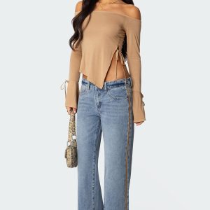 Faux Suede Stripe Low Rise Jeans