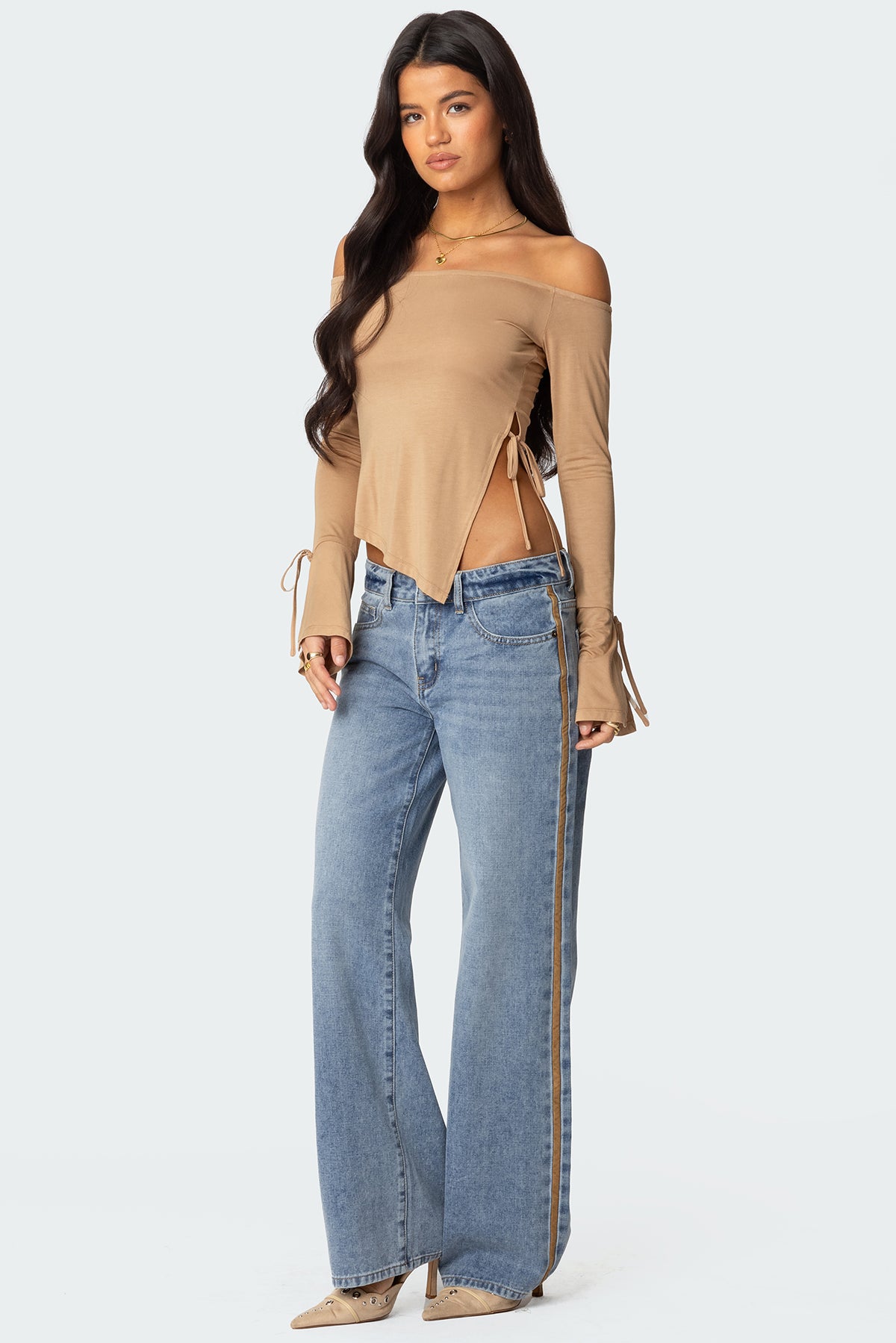 Faux Suede Stripe Low Rise Jeans - Image 3