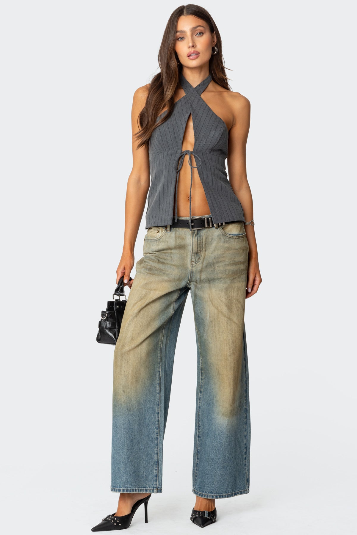 Split Front Pinstripe Halter Top - Image 6