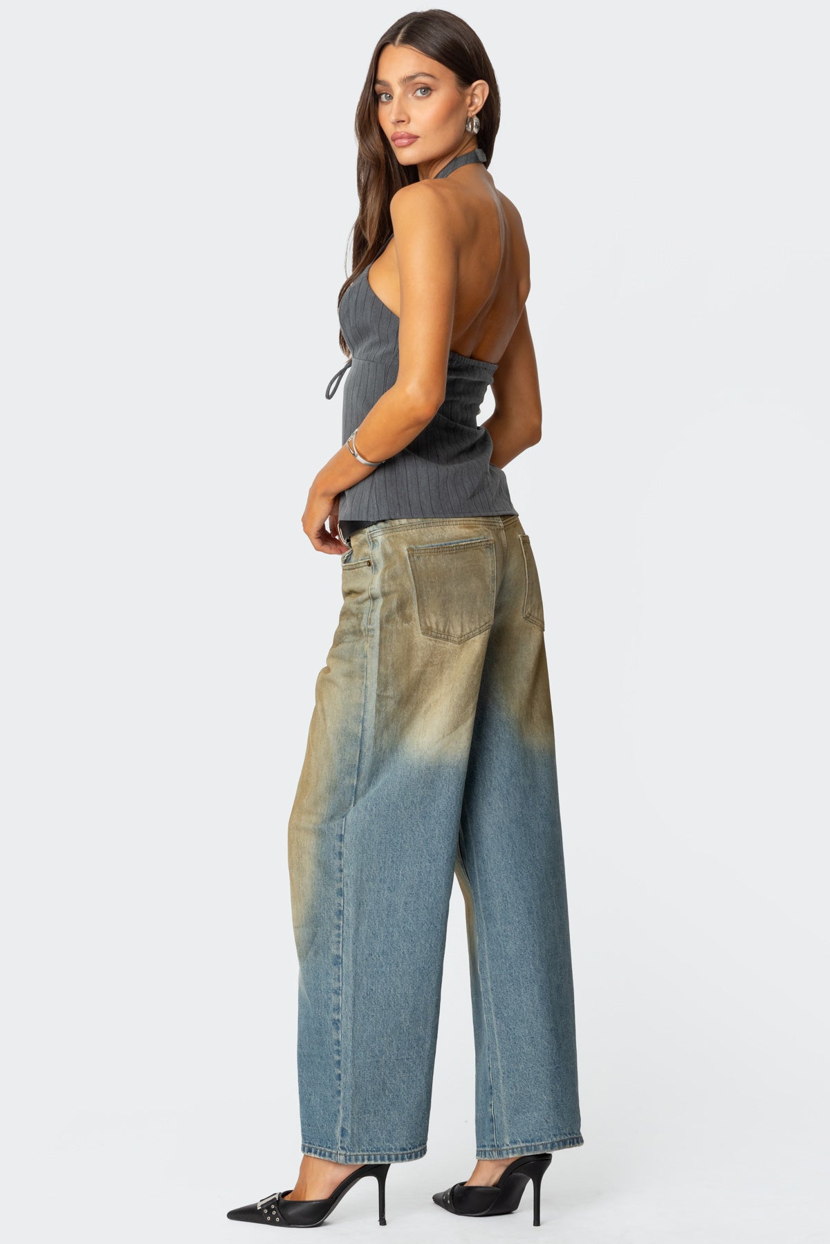 Split Front Pinstripe Halter Top - Image 2