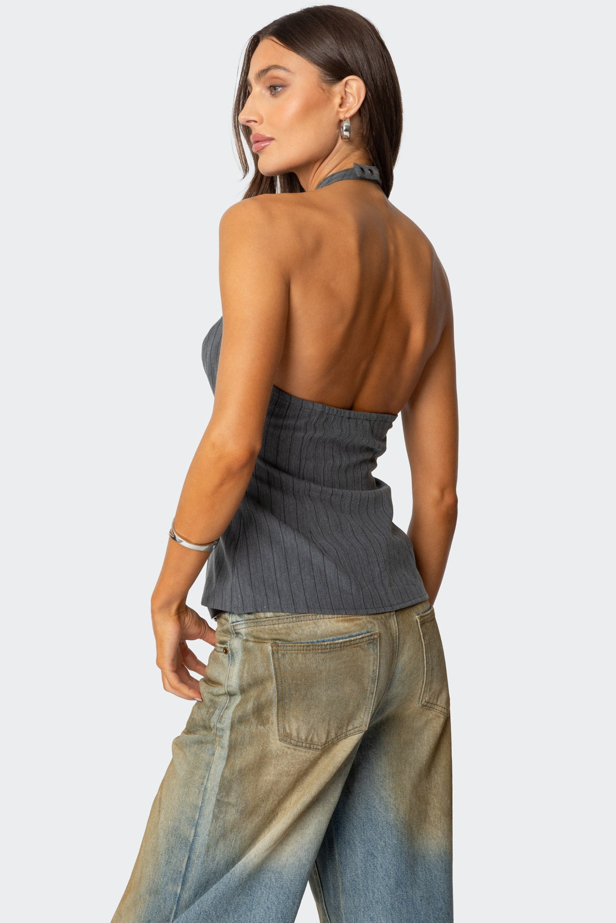 Split Front Pinstripe Halter Top - Image 5