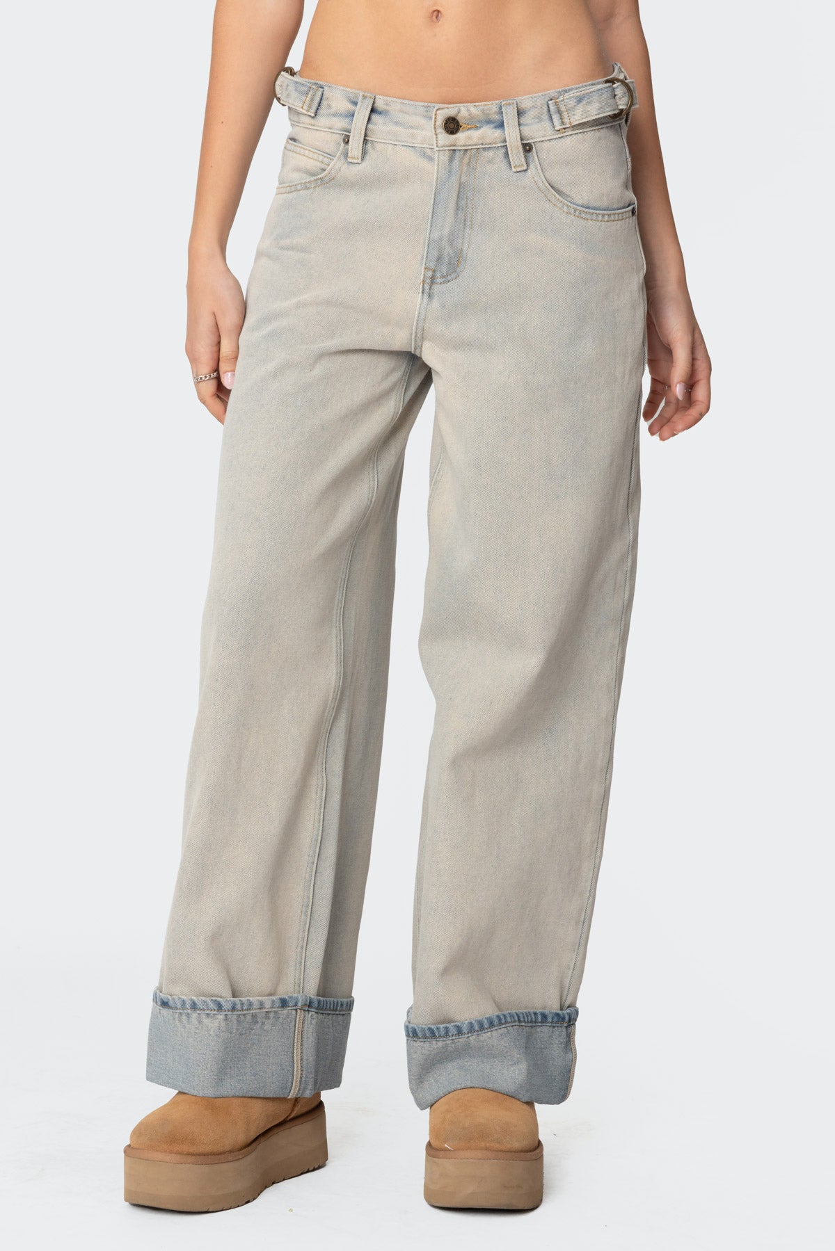 Double Belt Washed Low Rise Jeans - Image 2