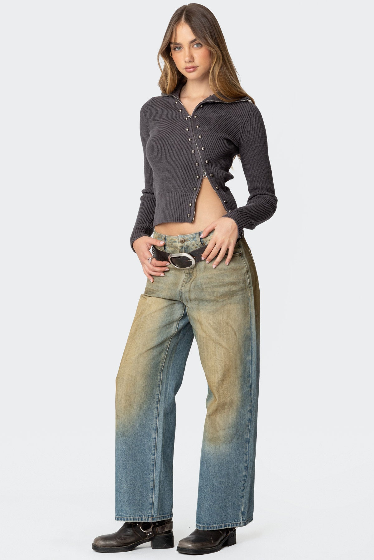 Ribbed Asymmetric Zip Up Cardigan - Image 2