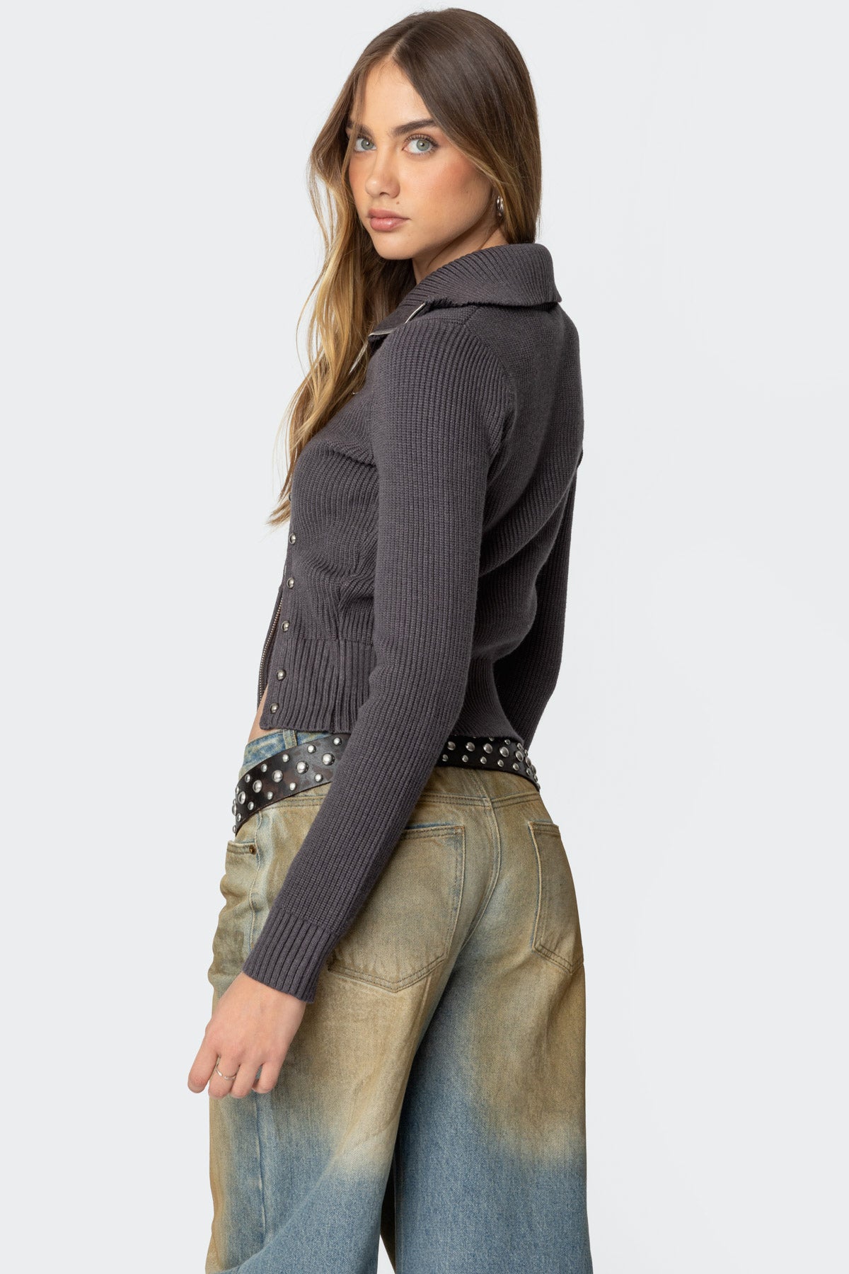 Ribbed Asymmetric Zip Up Cardigan - Image 4