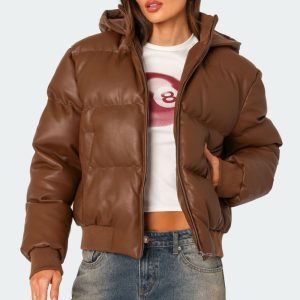 Wintry Faux Leather Hooded Puffer