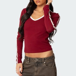 Contrast V Neck Long Sleeve T Shirt