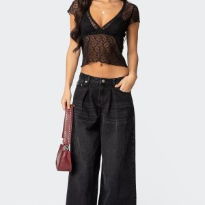 Pleated Detail Low Rise Jeans