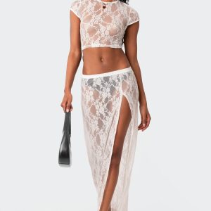 Aura Low Rise Sheer Lace Maxi Skirt