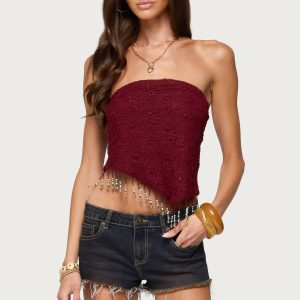 Textured Asymmetric Bead Fringe Strapless Top
