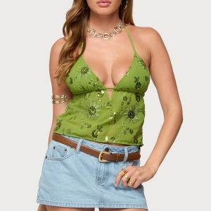 Kiki Sequin Floral Chiffon Halter Top