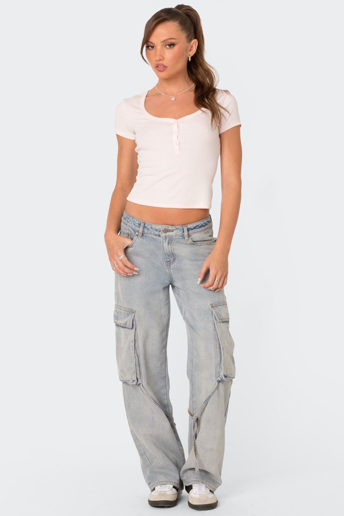 Via Low Rise Washed Denim Cargo Pants - Image 4