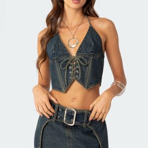 Elara Washed Denim Lace Up Corset