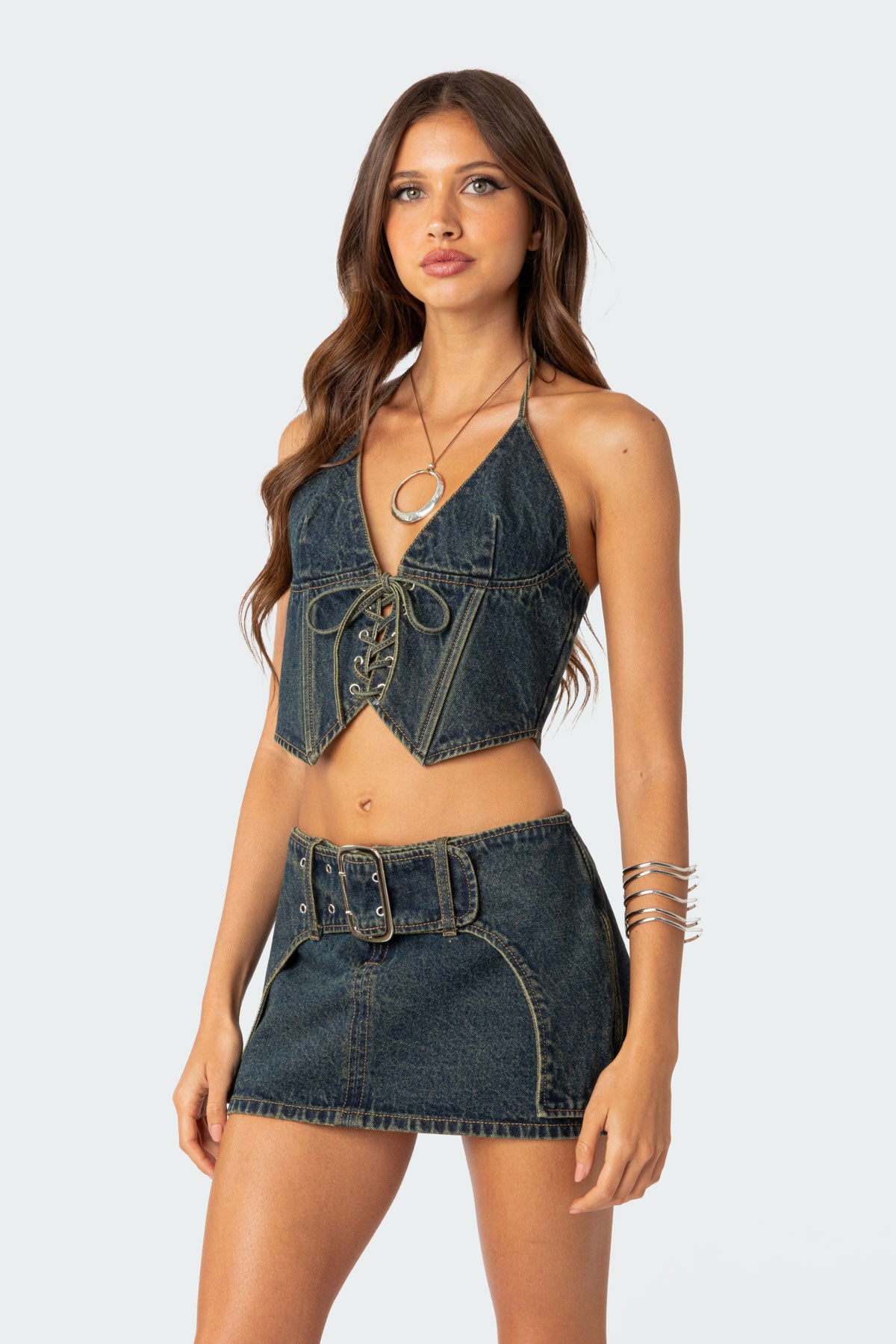 Elara Washed Denim Lace Up Corset - Image 3